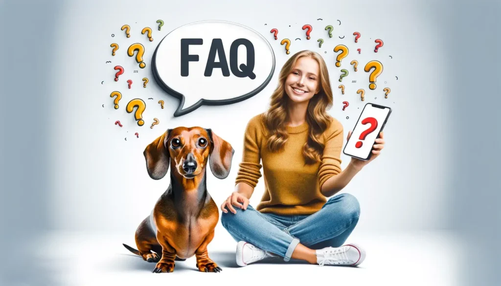 A smiling woman and a curious Dachshund with an FAQ speech bubble and question marks, symbolizing common questions about stopping dog barking at night.