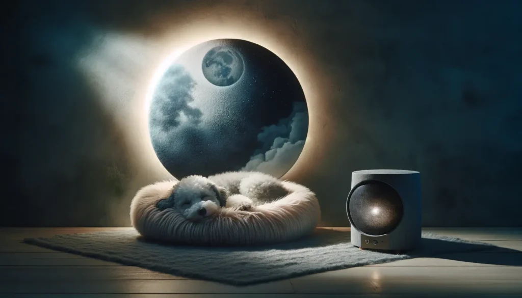 A cozy dog bed bathed in moonlight with a white noise speaker, designed to create a serene atmosphere that aids in stopping dog barking at night.