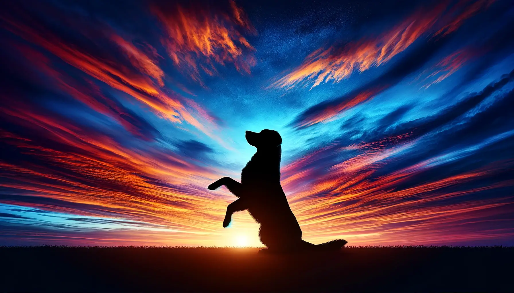 Silhouette of a well-trained dog against a serene sunset, embodying the peaceful relationship between a puppy and its owner through consistent training and care