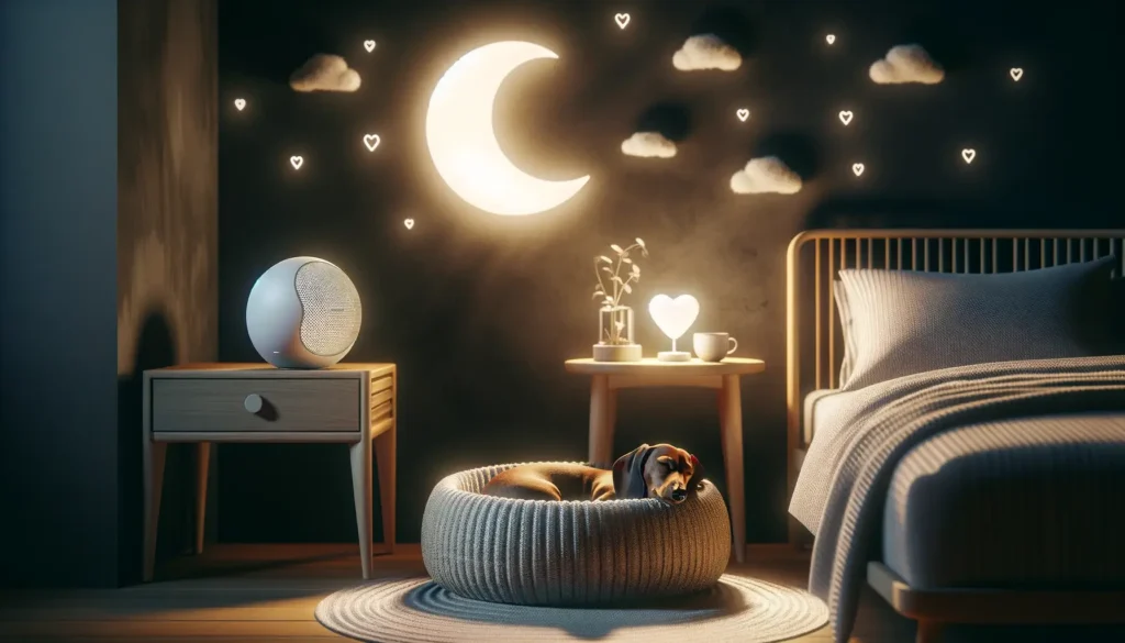 A peaceful bedroom at night with a sleeping dog in a cozy bed, illustrating a quiet environment to stop dog barking at night.