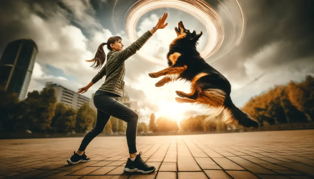 A woman and her dog mid-jump in an urban park, demonstrating an advanced jump command using dog training hand signals.