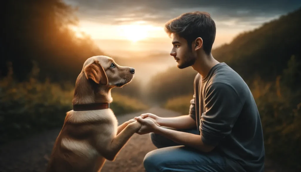 A dog and owner share a moment of connection with hands held, showcasing the bond formed through dog training hand signals.