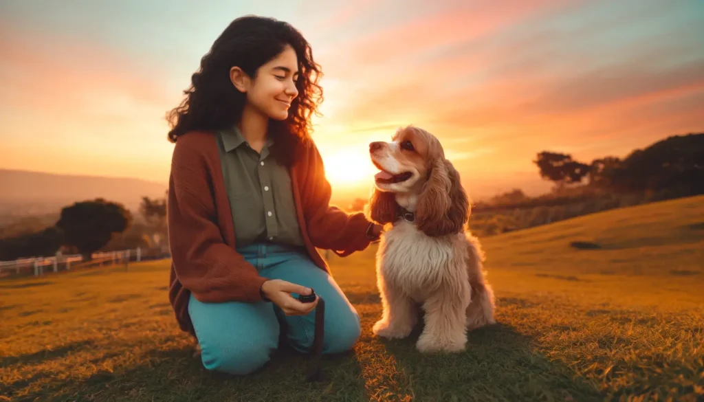 A young woman enjoying a bonding moment with her Cocker Spaniel during a sunset clicker training session on a grassy hill.