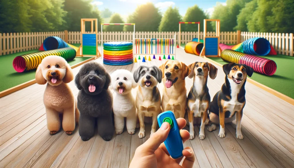 A variety of dog breeds sitting attentively in a training course, focusing on a clicker held by a trainer's hand.