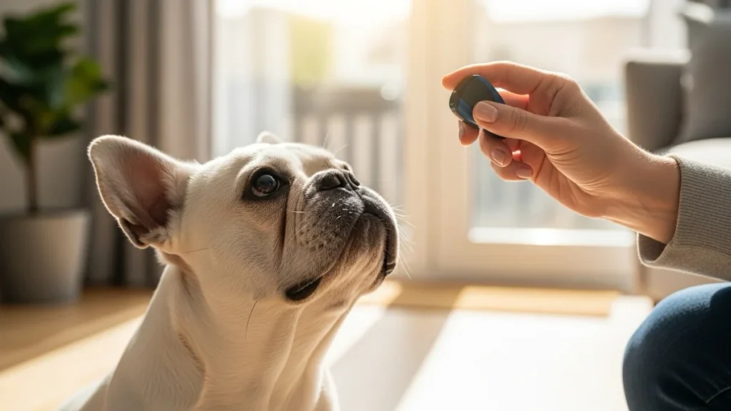 A dog looking happily at a clicker, ready for a positive clicker training for dogs session.