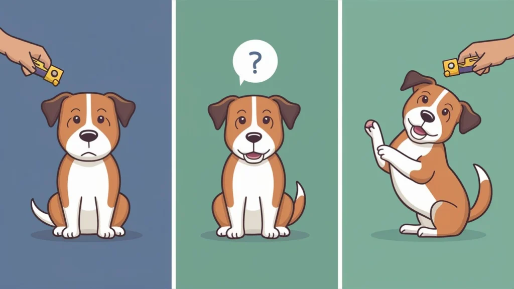 Illustrated progression of clicker training for dogs, showing a brown and white dog sitting, then attentive, and finally performing a trick.