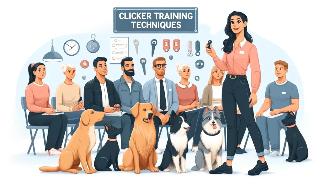 A clicker training class with dogs and their owners attentively watching a trainer demonstrate clicker training techniques.