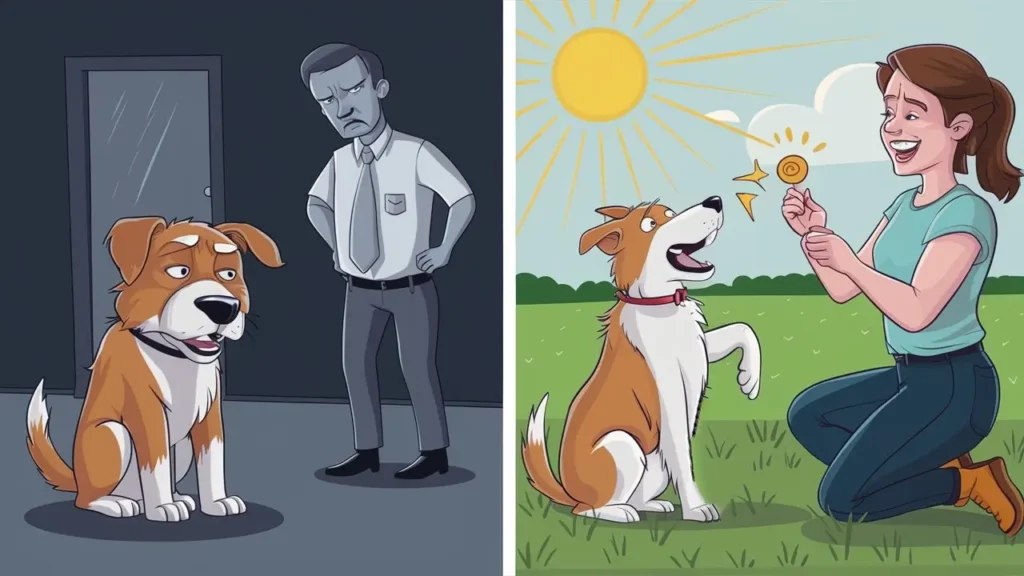 Contrasting dog training methods: On the left, a dog looks uneasy with a stern owner, and on the right, the same dog sits happily in the grass with an owner using clicker training.