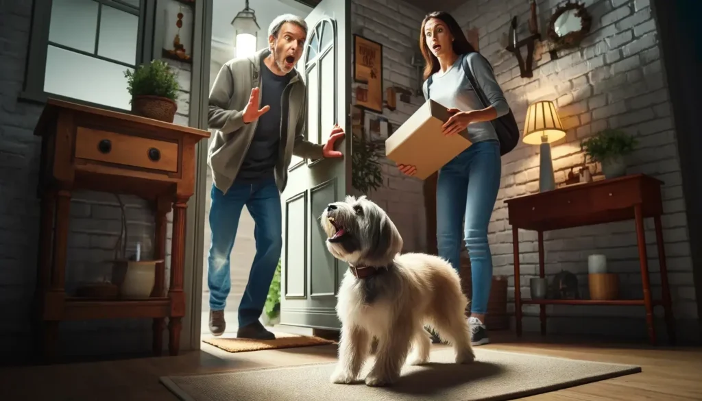 A fluffy dog barking at a surprised delivery person in the home entryway, illustrating the need for effective strategies to stop dog barking at people.