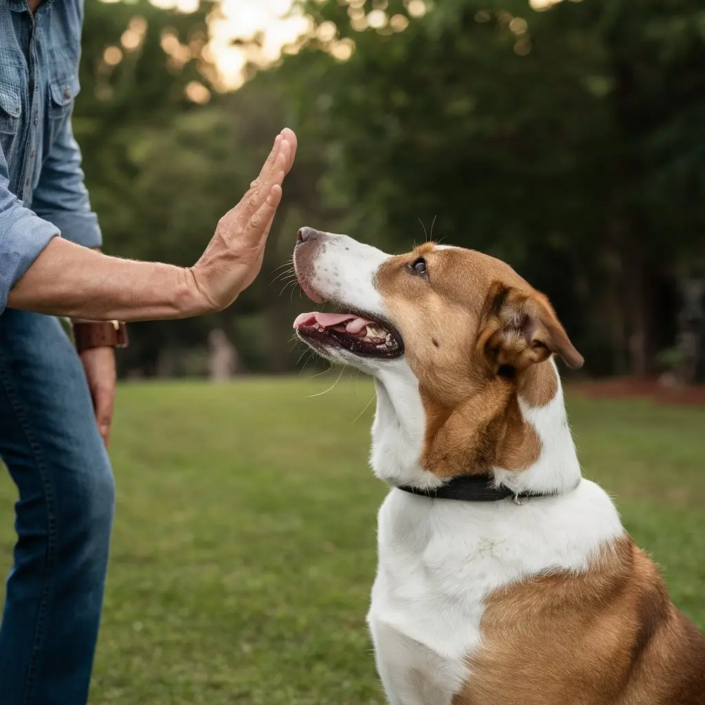 A calm dog looks up as it's taught the 'stay' command with a hand signal in a park.