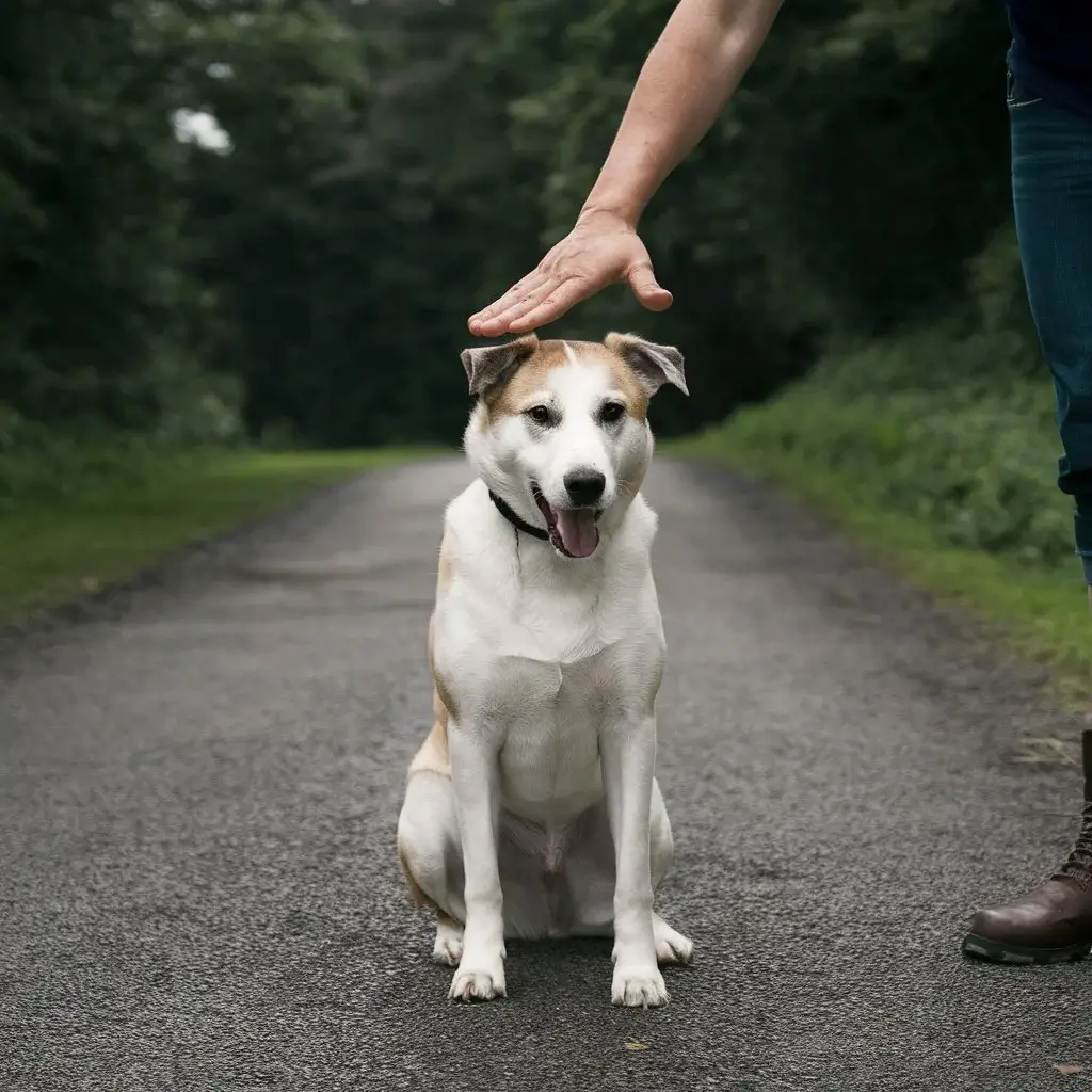 A dog in the middle of a training session learns the 'down' hand signal from a trainer.