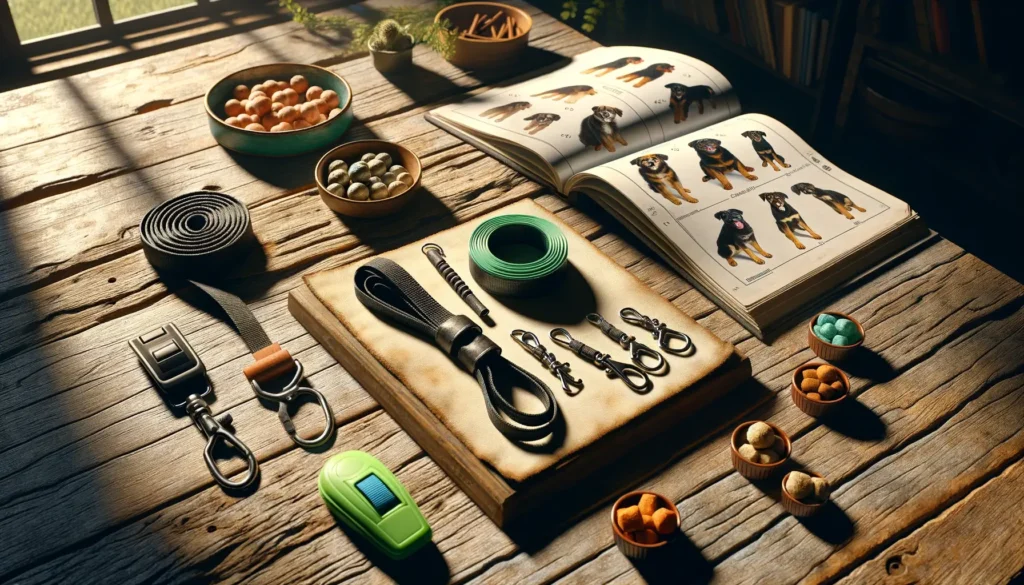Assorted dog training equipment and treats displayed on a wooden table next to a handbook illustrating various dog breeds.