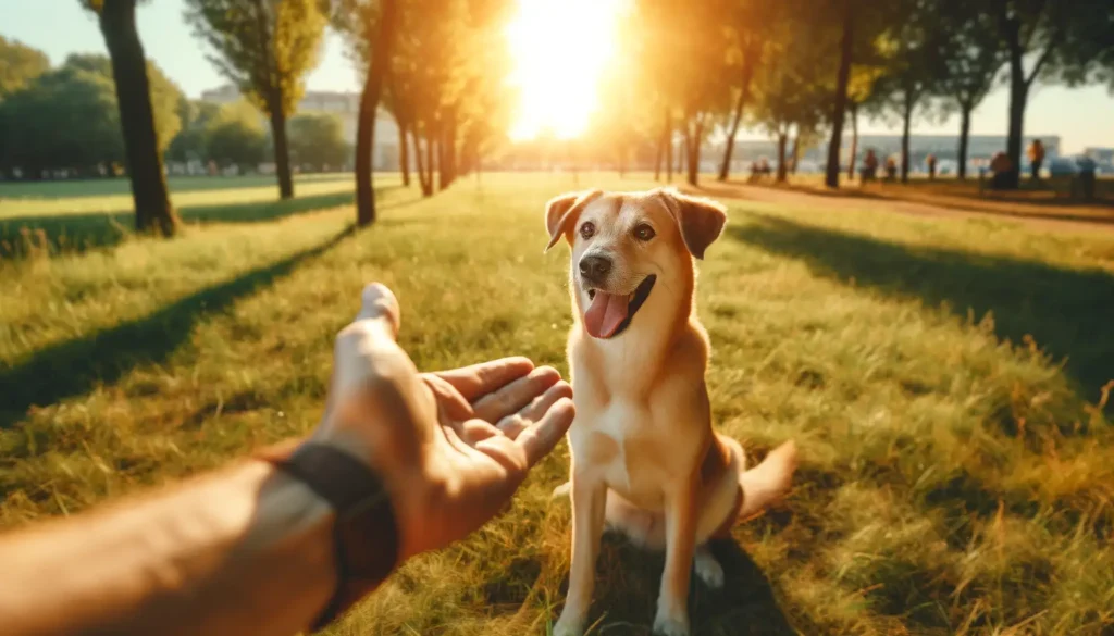 Dog sitting attentively in a park responding to owner's hand signal for the 'sit' command.