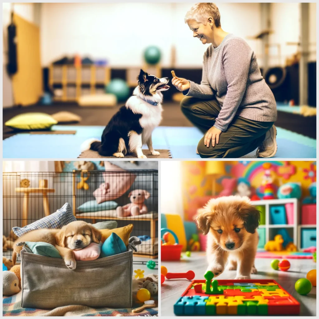 A dog trainer positively reinforcing a Border Collie during training. Bottom left: A puppy sleeping comfortably in a crate. Bottom right: A puppy engaged in a puzzle toy for mental stimulation.