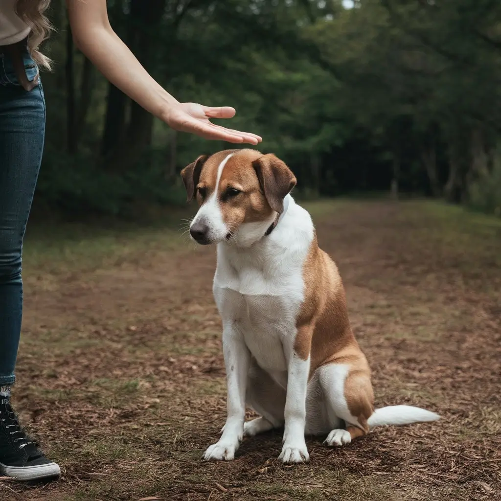 Trainer uses hand signal for 'sit' command with a focused dog during an outdoor training session