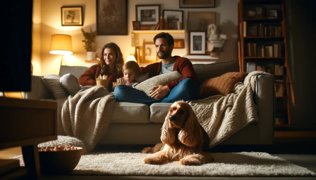 A family enjoys a peaceful evening with their cocker spaniel resting quietly, showcasing the success of training to stop dog barking at people.