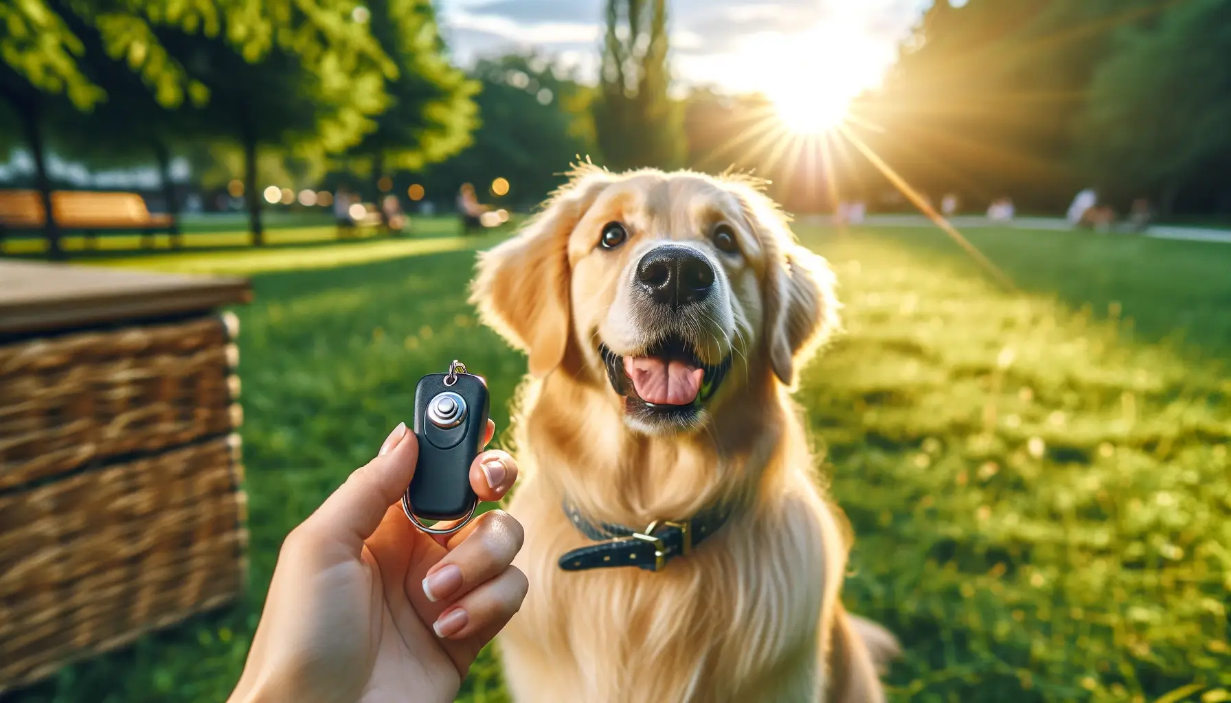 Eager Golden Retriever engaging in clicker training with a female trainer in a sunlit park.