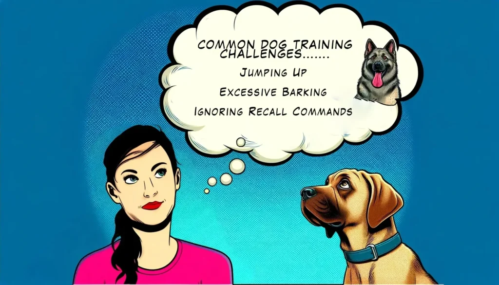 Trainer in a comic-style illustration contemplating common dog training challenges such as jumping up, excessive barking, and ignoring recall commands.