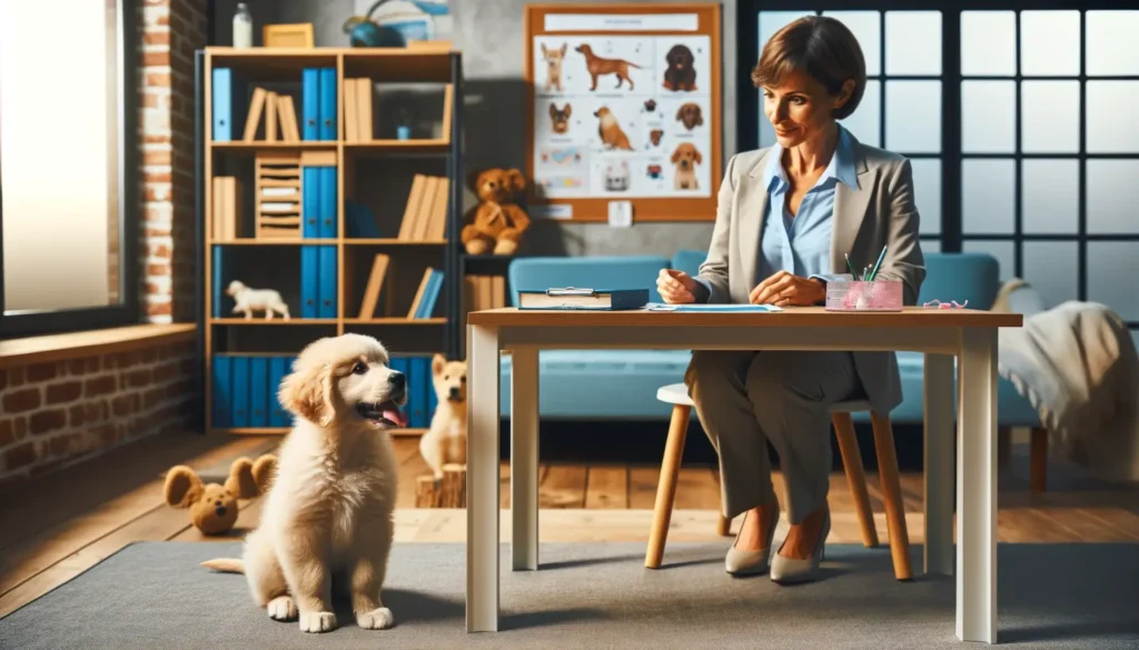 A professional dog trainer conducting a focused training session with an attentive golden retriever puppy in a modern consultation room, illustrating techniques to stop puppy biting.