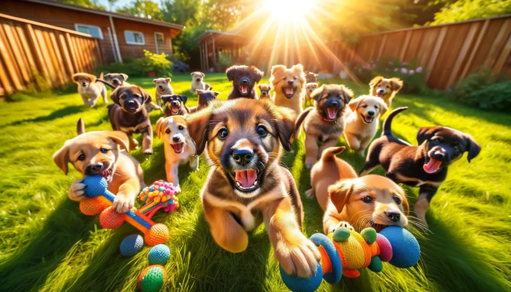 Group of joyful puppies in training to stop biting by playing with colorful chew toys on a sunny grass field.