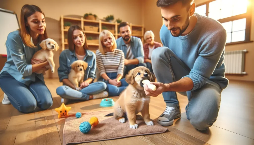 Enthusiastic trainer teaching bite inhibition to a focused puppy in a socialization class, with attentive owners learning in the background.