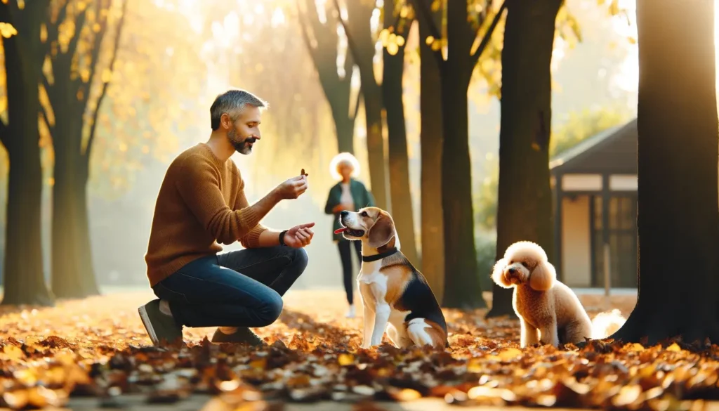 A dog trainer rewards a beagle during a quiet command training session in a picturesque autumn park, with a focus on how to stop dog barking at people.