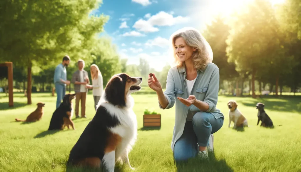 A professional dog trainer using positive reinforcement to teach a quiet command to a focused dog, demonstrating how to stop dog barking at people.