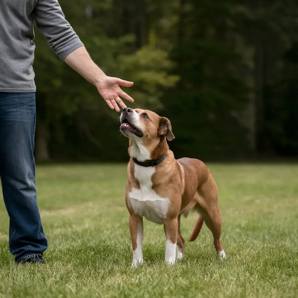 Dog trainer demonstrating the 'come' hand signal to an attentive dog in a grassy field.