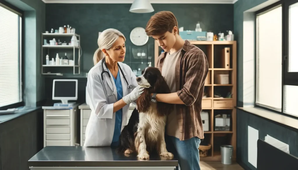 A veterinarian gently examines a spaniel in a clinic as a young owner looks on, reflecting the importance of checking medical causes for dog barking at people.