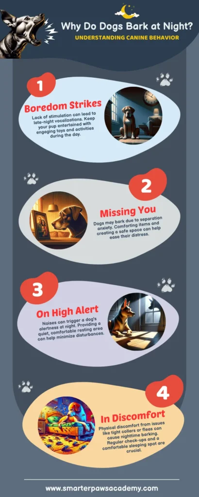 Infographic explaining why dogs bark at night, covering boredom, separation anxiety, alertness to noises, and physical discomfort.