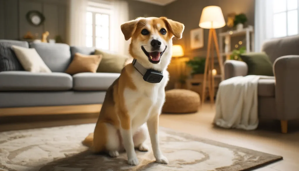 Happy medium-sized dog wearing the best dog bark collar, sitting in a serene living room.
