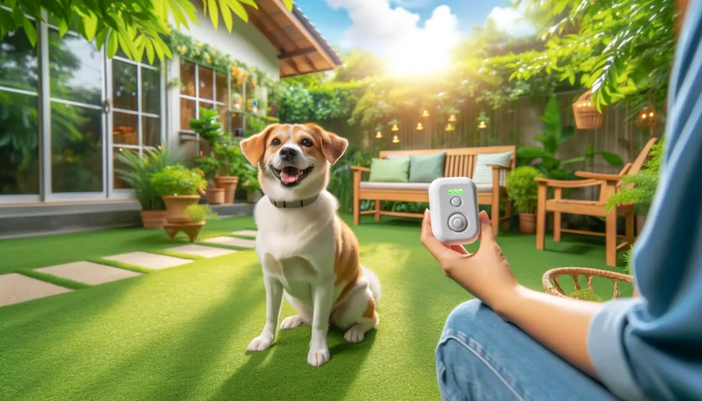 A cheerful dog sitting calmly in a peaceful backyard on a sunny day, with a person holding a small, portable dog barking deterrent device.