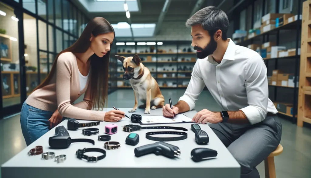 A man and a woman consulting over a table filled with various stop dog barking devices in a warehouse, with a dog sitting on the table.