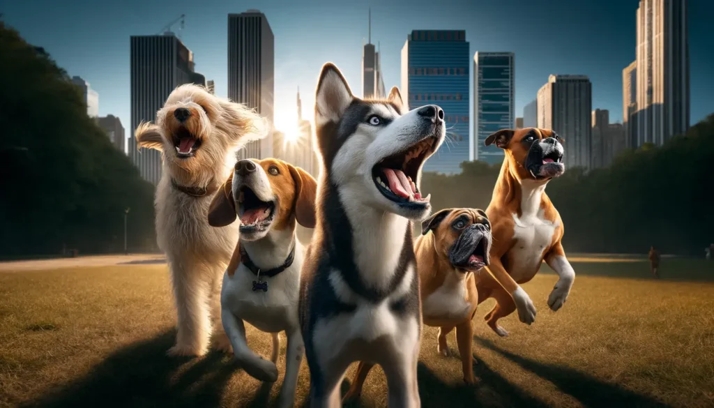 A diverse group of dogs including a Husky, Beagle, and Boxer, energetically barking in an urban park, illustrating common barking behaviors and triggers.