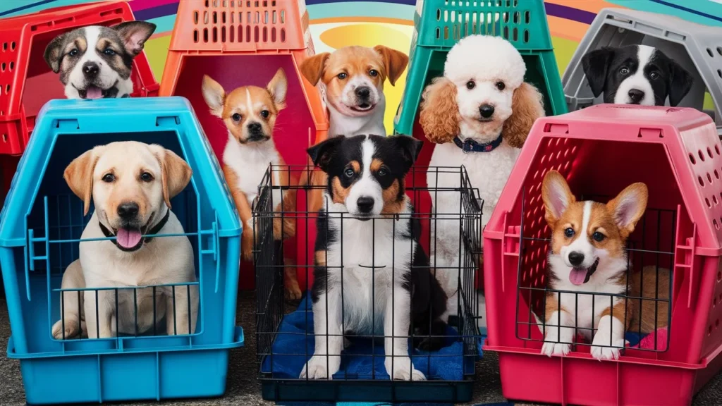 Various breeds of puppies in crates highlighting the universality of crate training