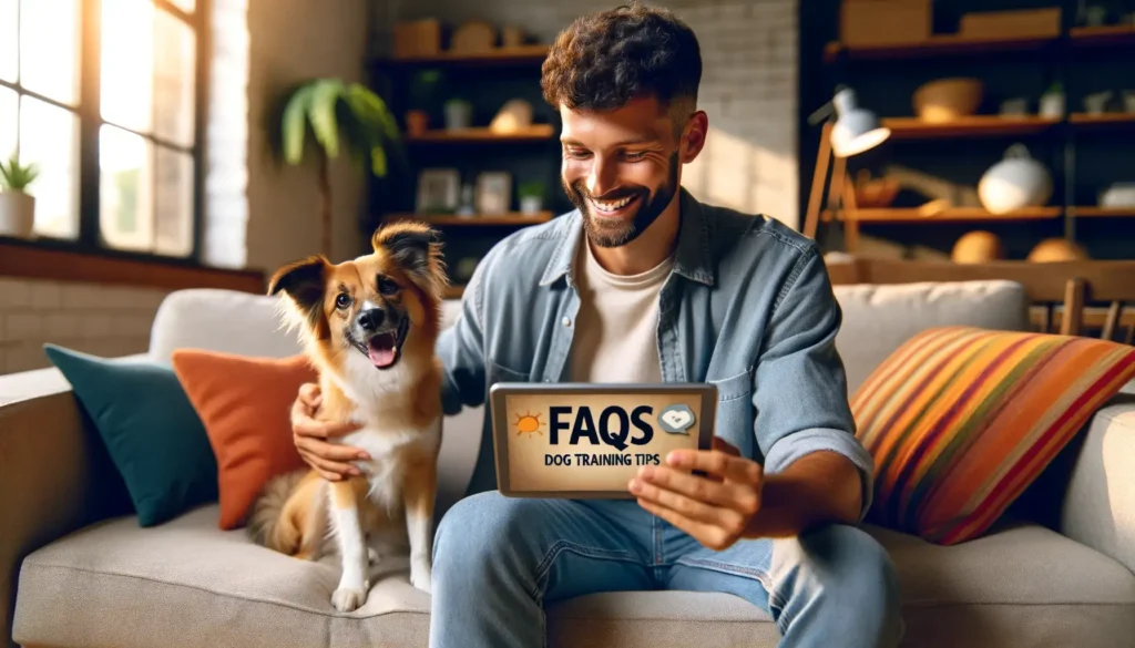 A cheerful dog owner reads FAQs about stop dog barking devices on a tablet, with an excited dog sitting next to him on a couch.