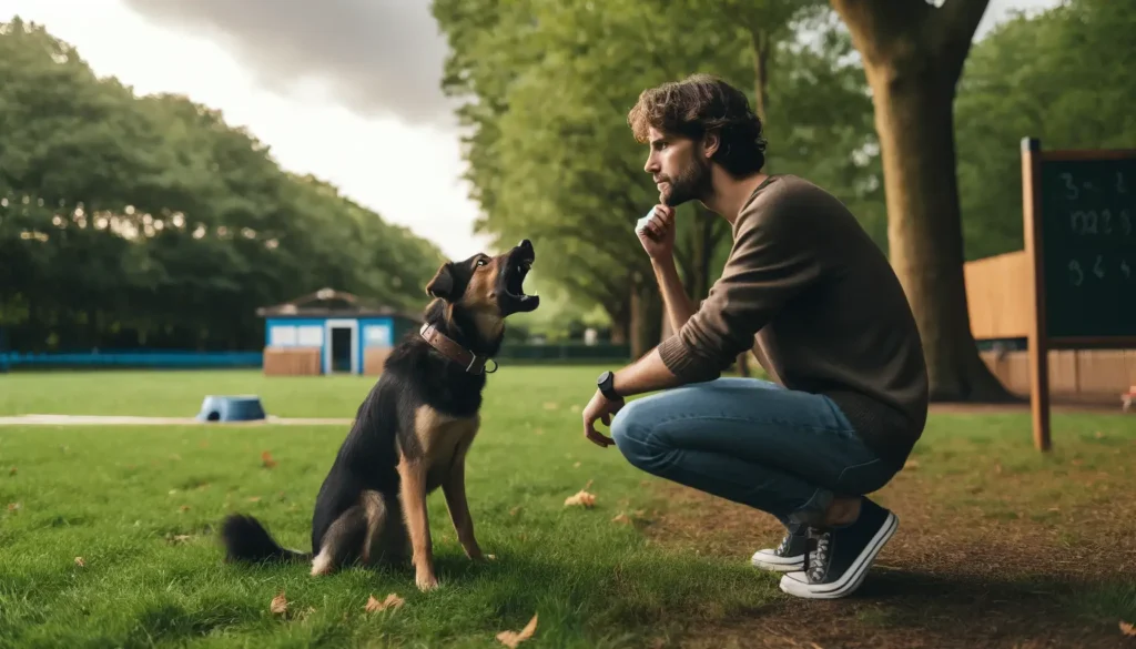 A thoughtful dog trainer observing a barking dog, possibly showing signs of anxiety, in a park setting, highlighting the emotional triggers of barking.