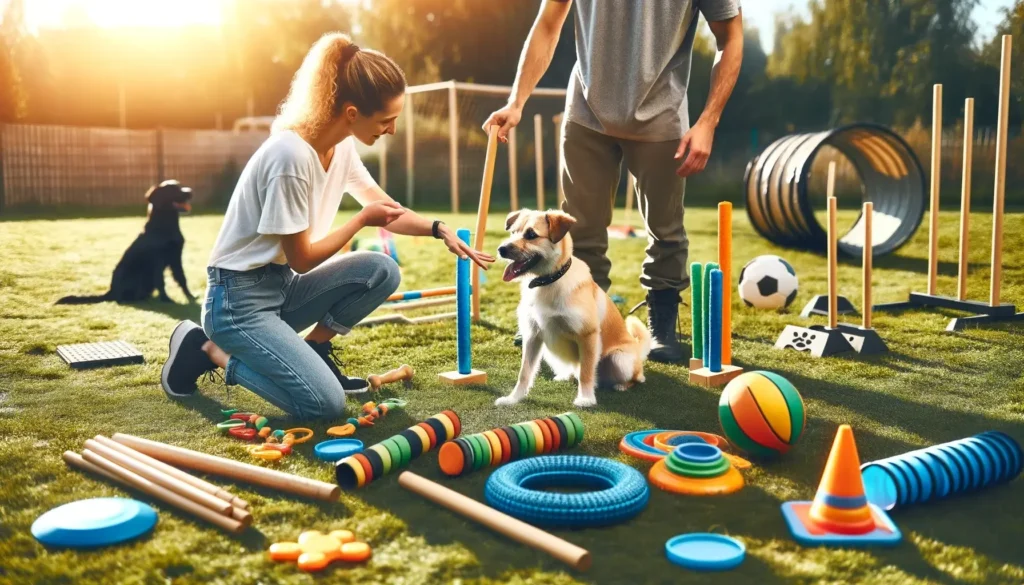 A dog engaging in a training session outdoors with trainers, surrounded by agility training equipment, demonstrating effective alternatives to stop dog barking devices.