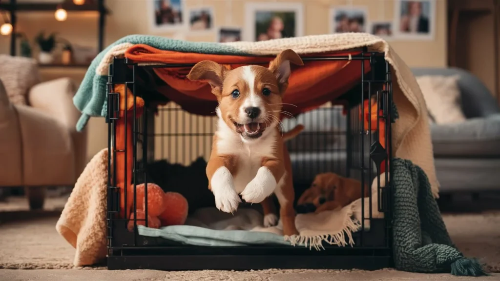 Playful puppy happily jumping into its crate