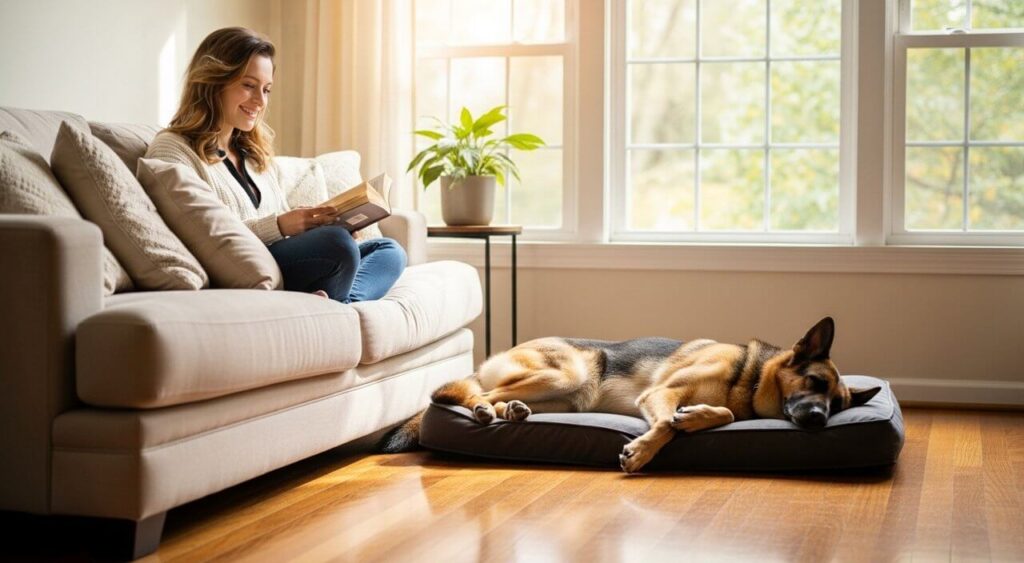 A calm dog sleeping while its owner relaxes, demonstrating the success of a humane guide on how to stop dog barking.