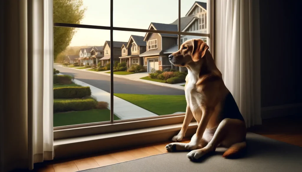 A calm dog sits by the window looking out at a serene neighborhood, symbolizing the effective use of a stop dog barking device.
