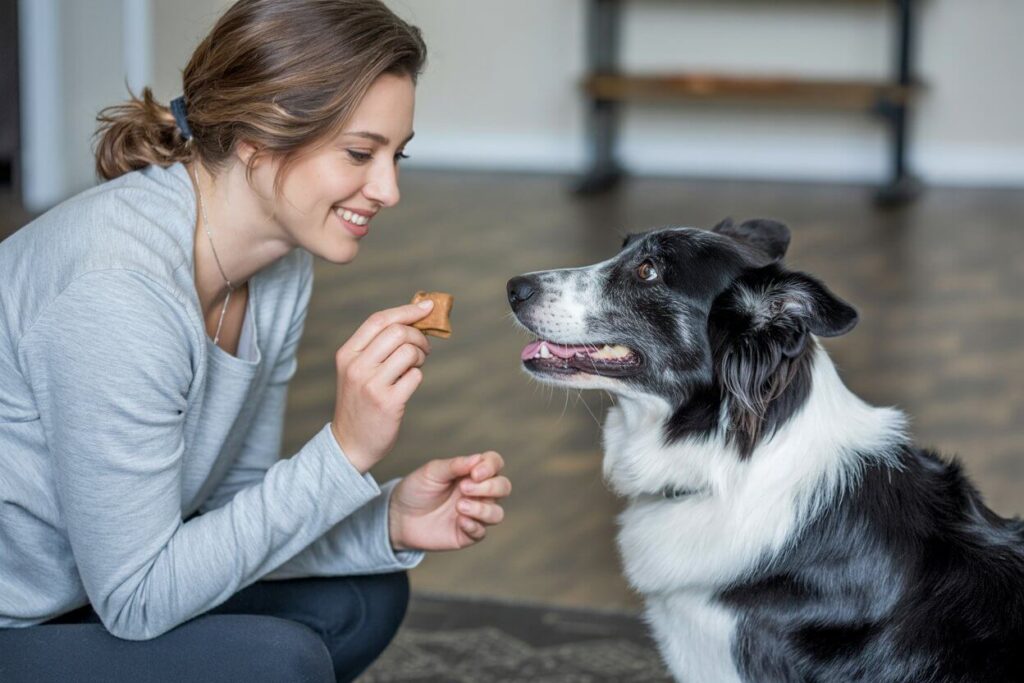 Certified trainer Sandie Calloway rewarding a dog for being quiet, part of a positive training plan to stop nuisance barking.