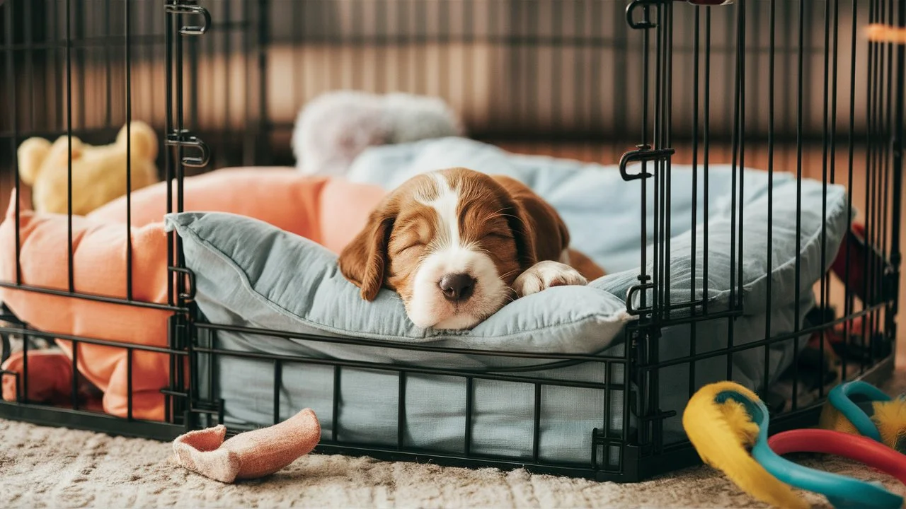 Puppy quietly sleeping in a comfortable crate setup