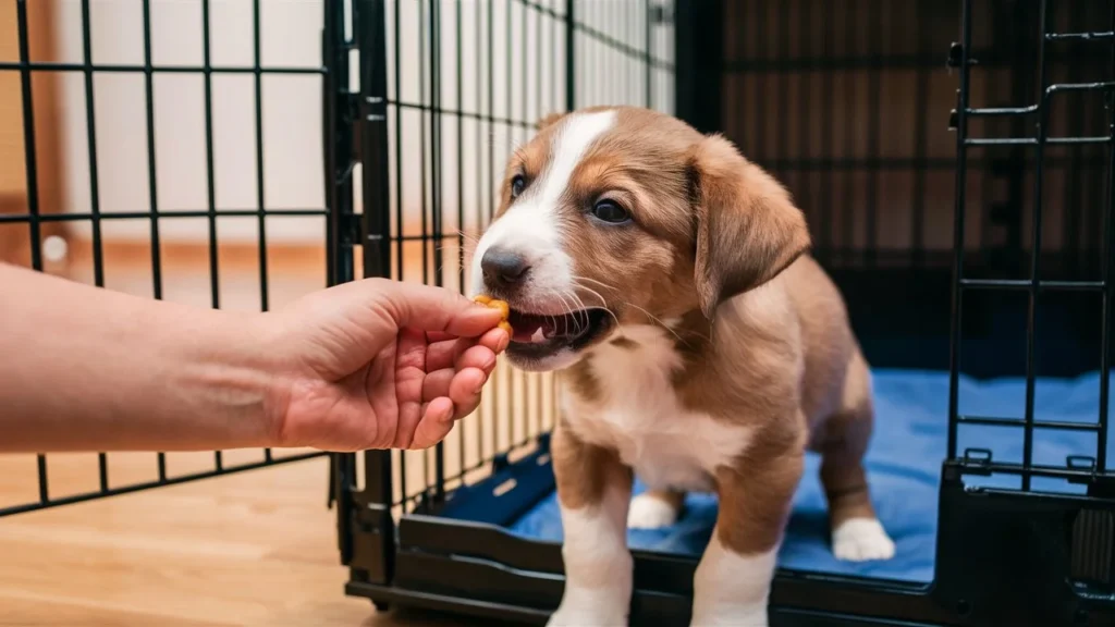 Puppy receiving a treat for quiet behavior in crate