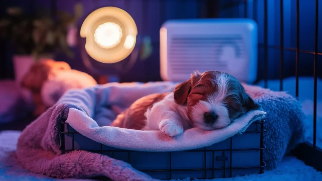 Puppy sleeping peacefully in a crate at night with calming nightlight