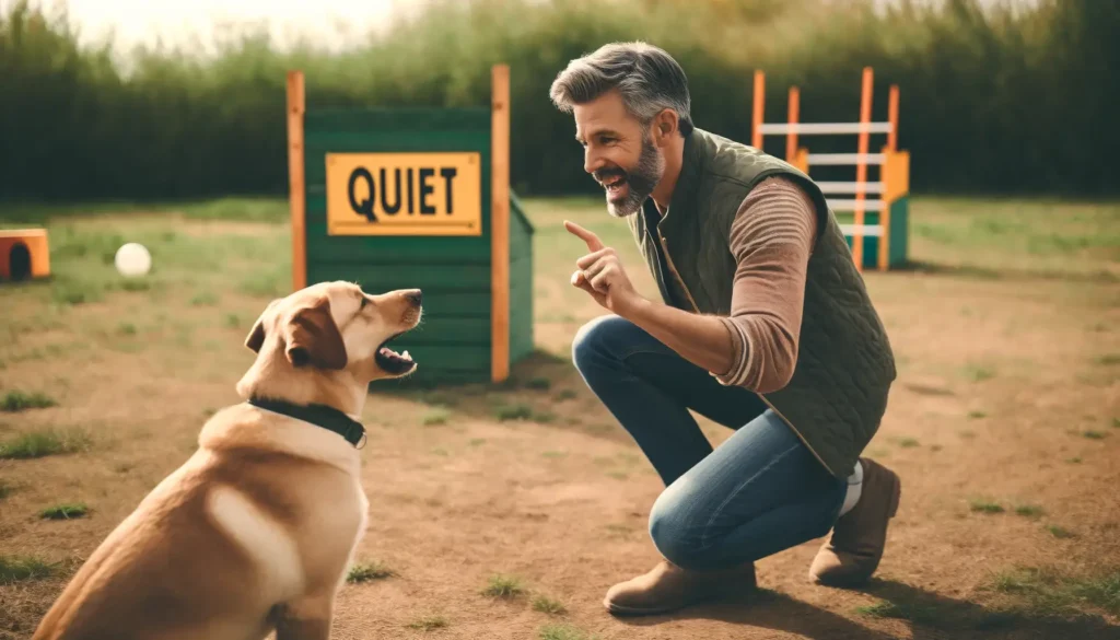 A dog trainer teaching the quiet command to a Labrador in an outdoor training area, effectively demonstrating how to stop dog barking in seconds.