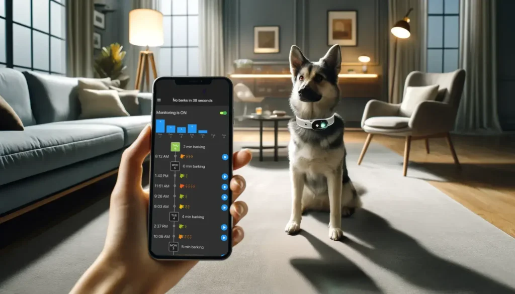 Modern dog training technology in action, featuring a bark tracking app on a smartphone and a dog wearing a smart collar in a stylish living room.