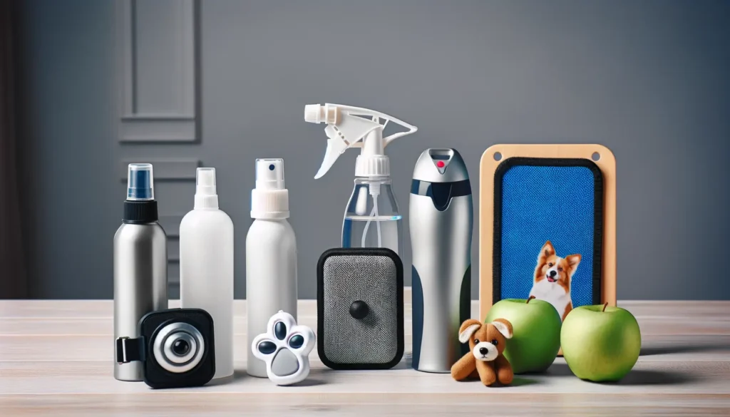 Various dog barking deterrents including spray bottles, sound-emitting devices, and a deterrent mat.