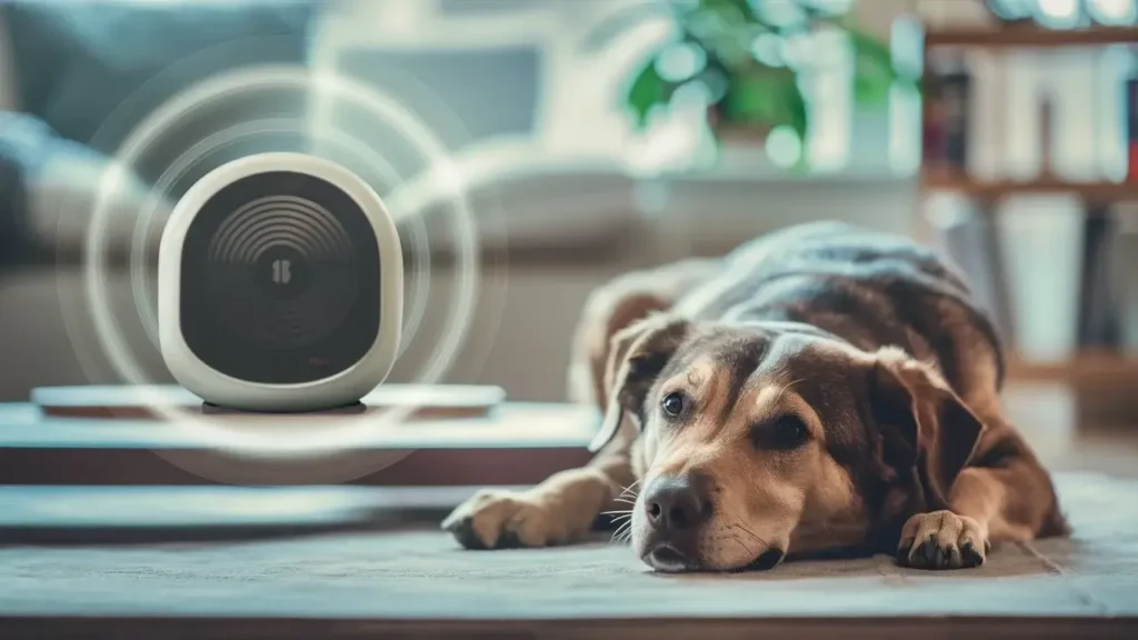 A serene home setting with a dog lying calmly next to a modern stop dog barking device emitting ultrasonic waves.