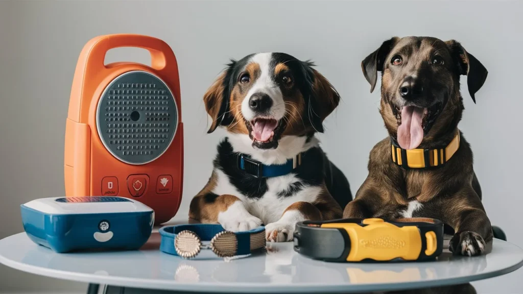 Various anti-barking devices displayed on a table with two dogs.